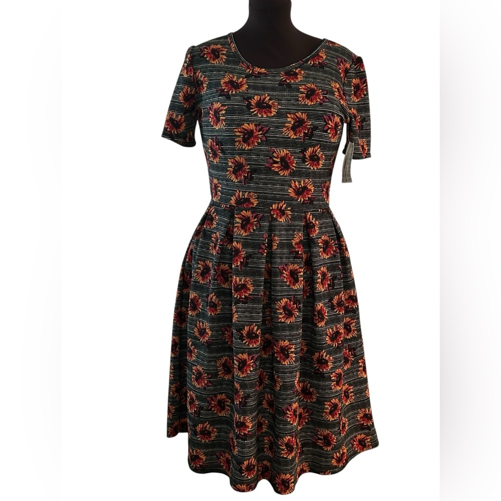 LuLaRoe Amelia Size L Womens Dress Black Yellow Sunflowers New NWT 14-16 - Picture 4 of 7